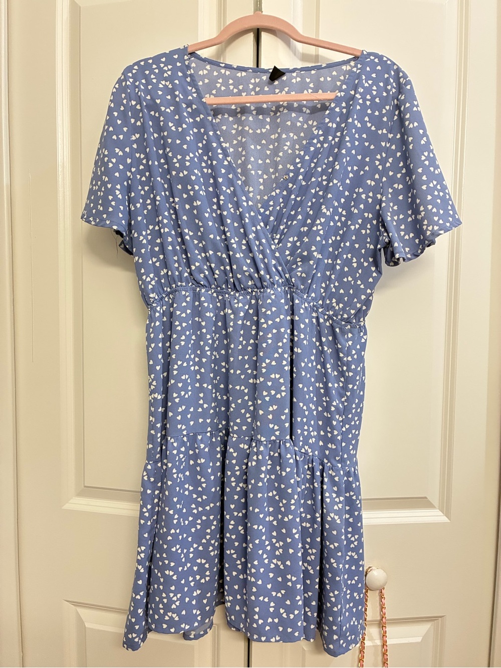 SHEIN Blue Heart-Print Wrap-Style Short Dress